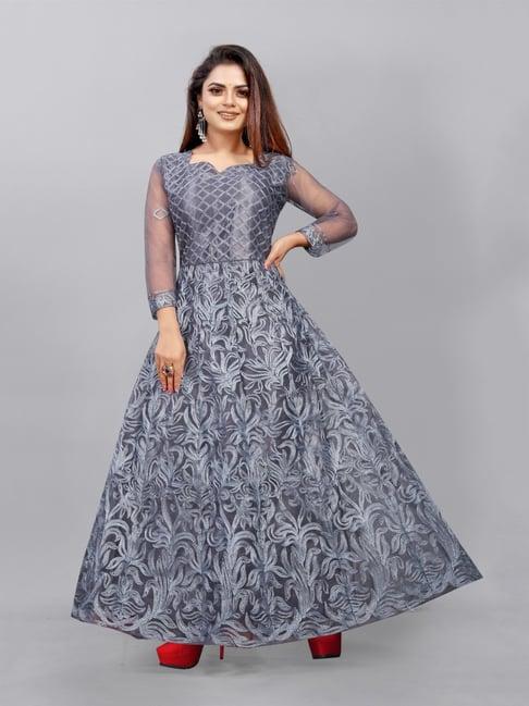 apnisha grey embroidered semi-stitched gown