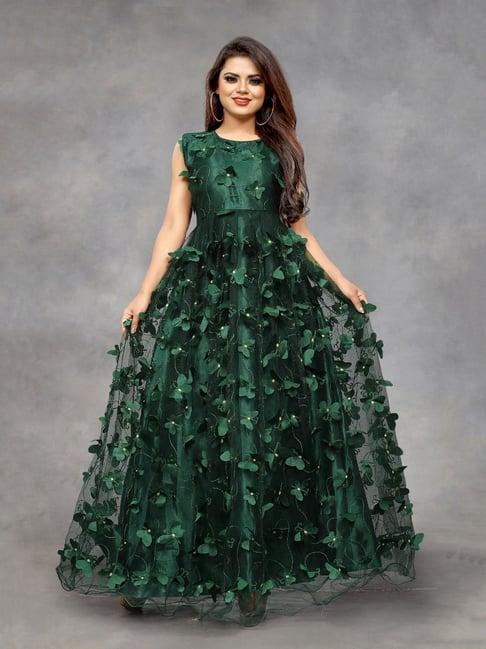 apnisha dark green embroidered semi-stitched gown