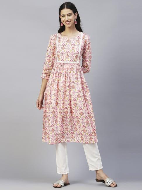 fashor pink & white cotton printed kurta pant set