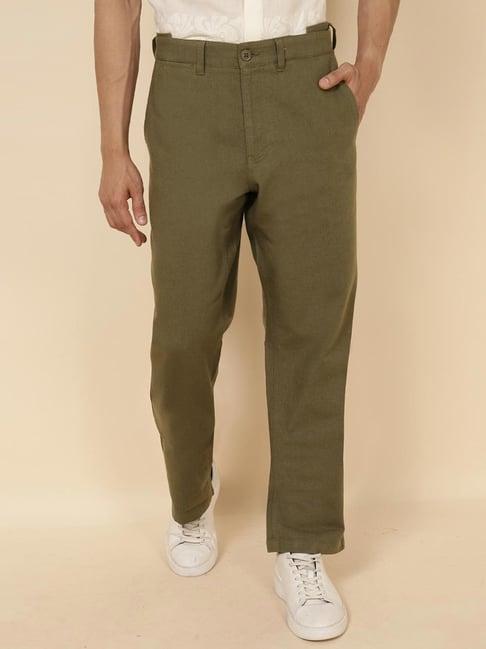 fabindia olive comfort fit flat front trousers