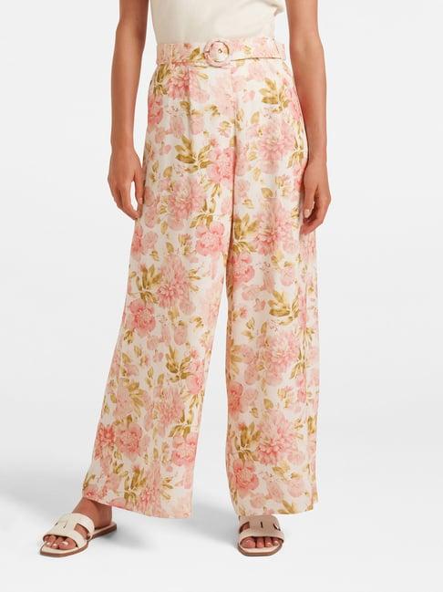 forever new off white floral print regular fit high rise trousers