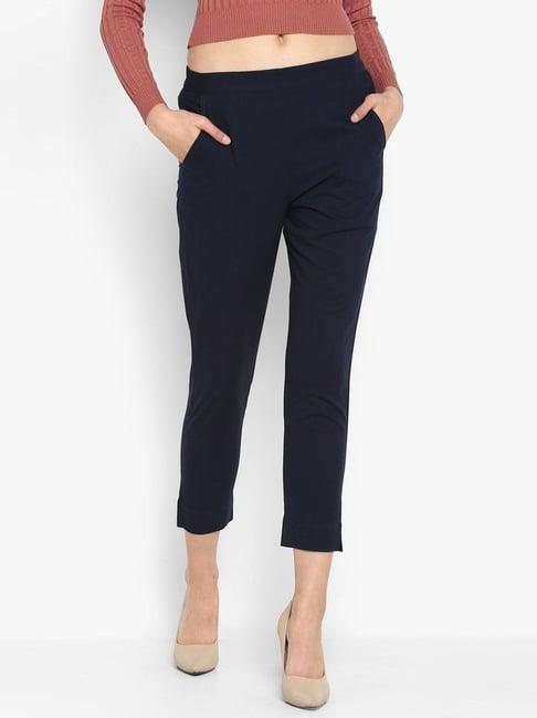 janasya navy regular fit mid rise pants