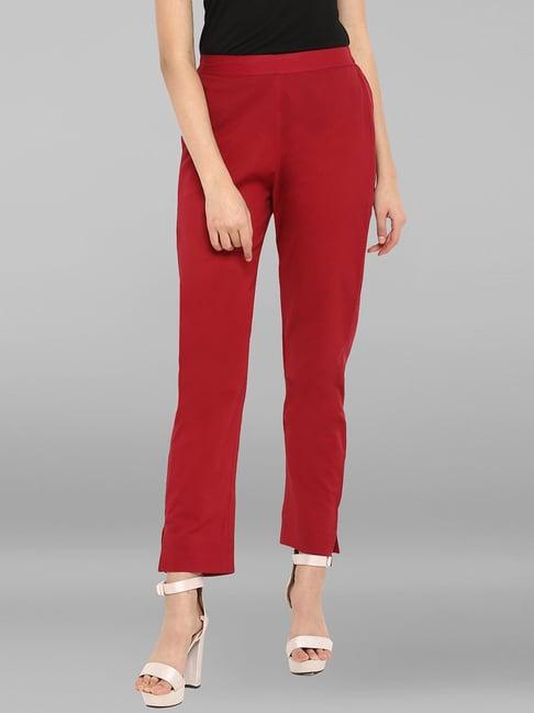 janasya red regular fit mid rise pants