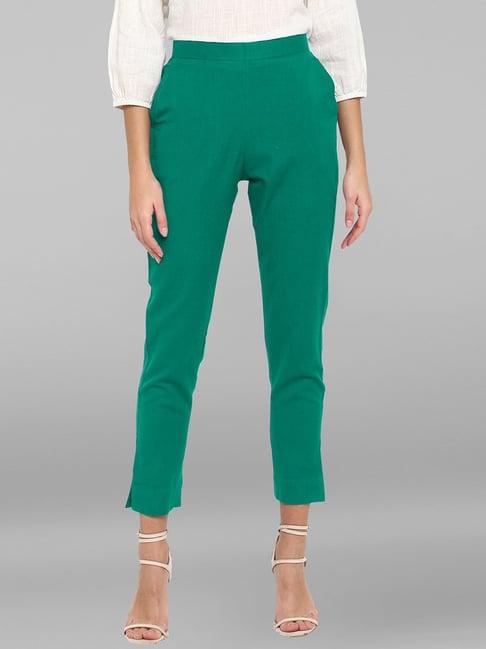 janasya teal regular fit mid rise pants