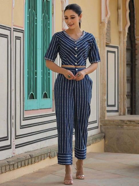 juniper navy blue striped printed cotton flex crop top & pants set with thread work