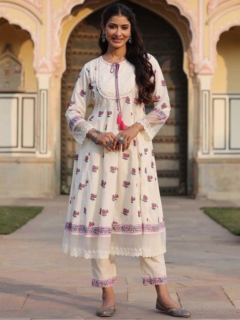 juniper off-white floral printed pure cotton lacy kurta & pants set