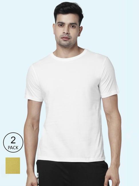 ajile by pantaloons yellow & white cotton regular fit t-shirt - pack of 2