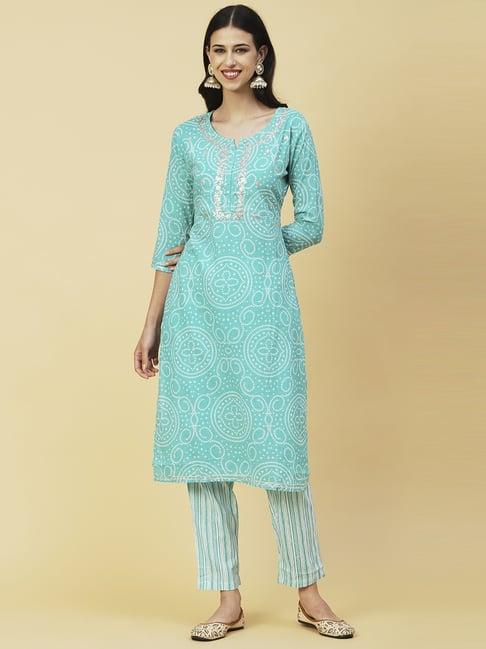 fashor sea green cotton embroidered kurta pant set