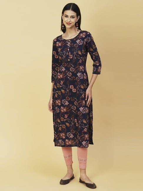 fashor navy cotton floral print straight kurta