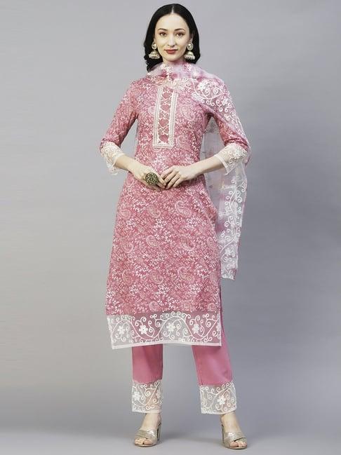 fashor pink cotton embroidered kurta pant set with dupatta