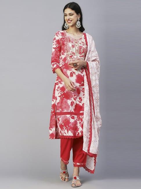 fashor red cotton embroidered kurta pant set with dupatta