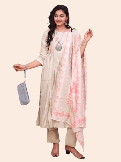 urban mystic cream silk embroidered kurta with pants & dupatta