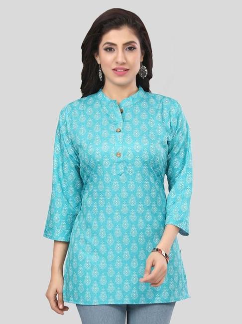 saree swarg sea green printed straight short kurti