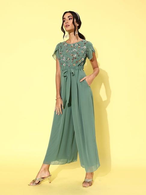 miss chase light green embellished jumpsuit