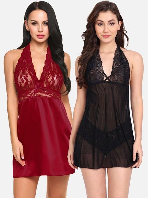 fims: fashion is my style black & maroon lace work babydoll with thong