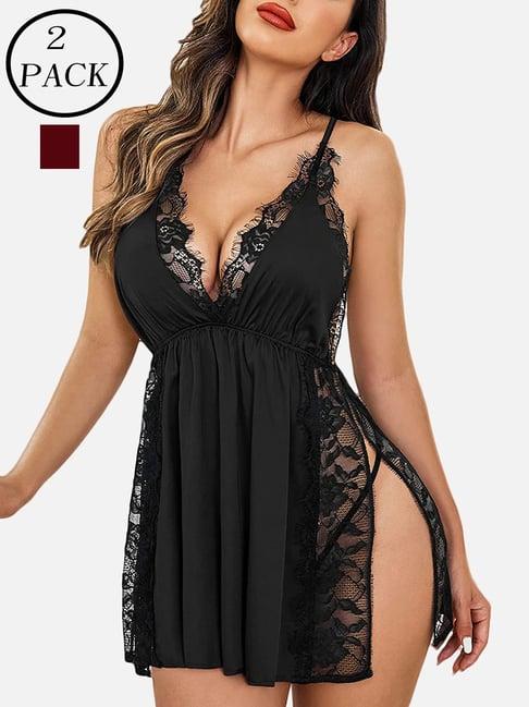 fims: fashion is my style black & maroon lace work babydoll with thong