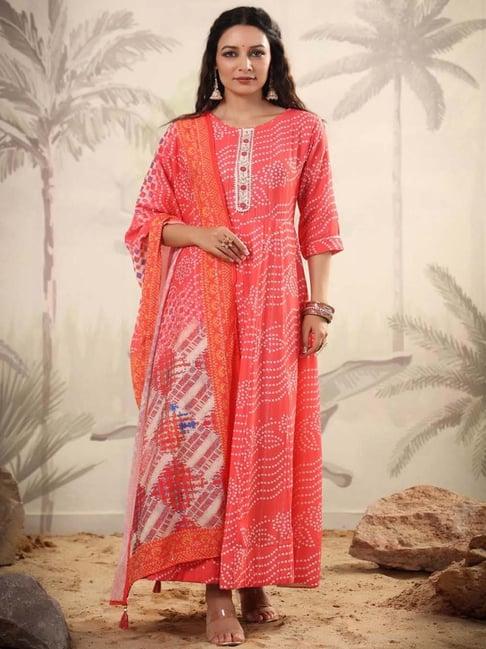 scakhi coral printed maxi dress with dupatta