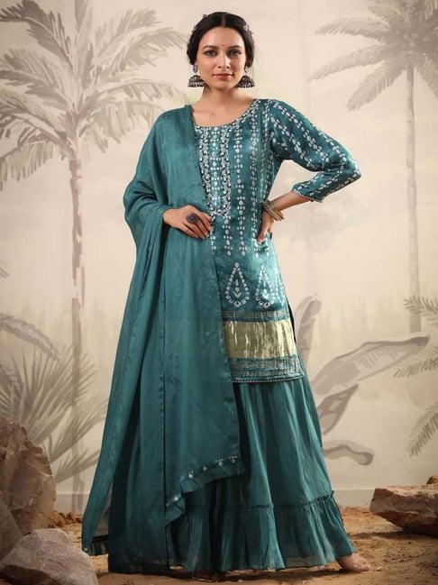 scakhi blue printed kurti sharara set with dupatta