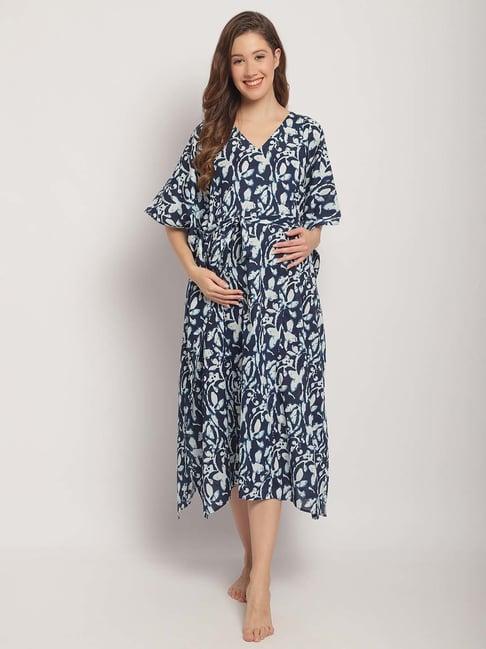 secret wish blue printed kaftan maternity nighty