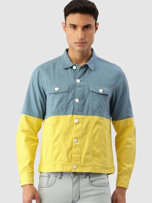 bene kleed teal blue & yellow slim fit cotton denim jacket