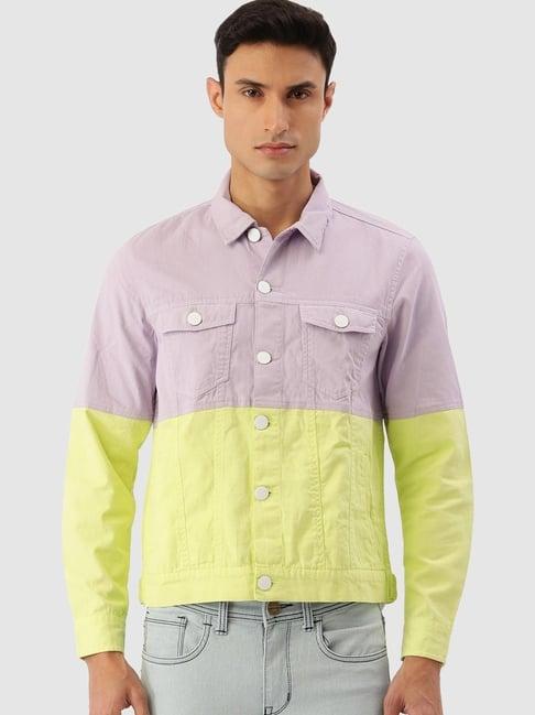 bene kleed pastel lilac & lime yellow slim fit cotton denim jacket