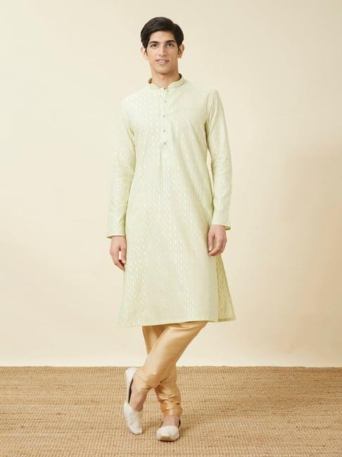 manyavar lime green & gold regular fit printed kurta & pyjamas set