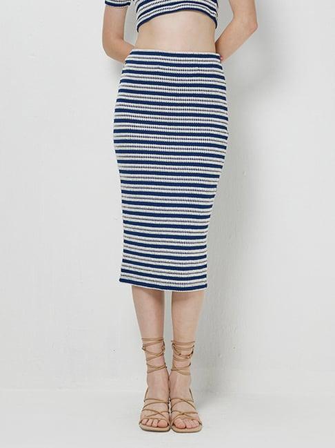 cover story blue & white striped pencil midi skirt