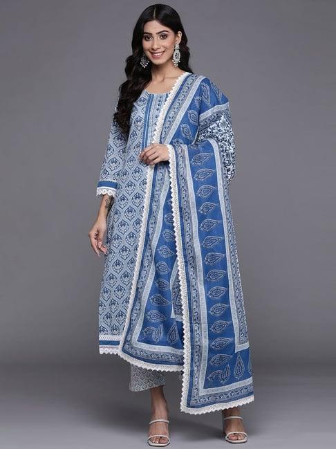 ksut blue & white cotton printed kurta pant set