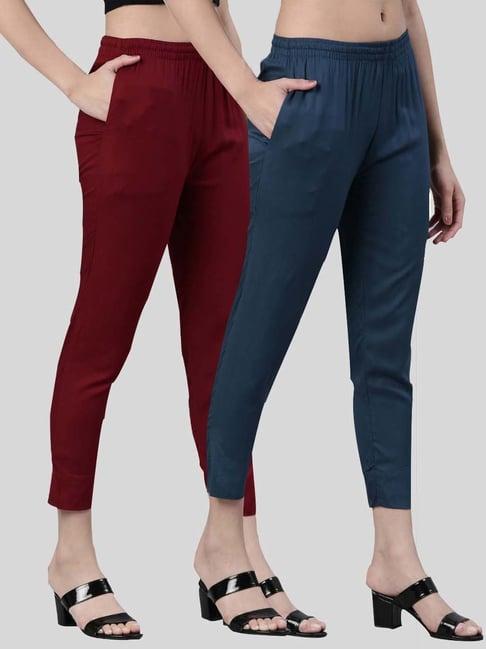 kryptic maroon & blue mid rise printed pants - pack of 2