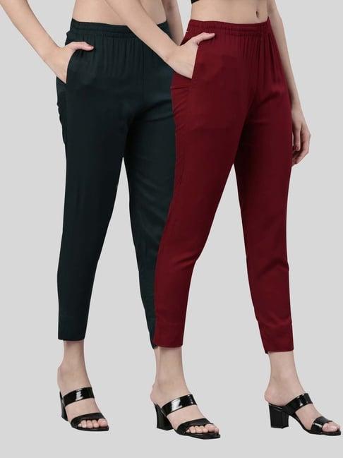 kryptic green & maroon mid rise pants - pack of 2