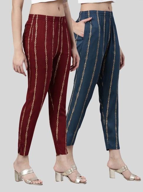 kryptic maroon & blue mid rise printed pants - pack of 2