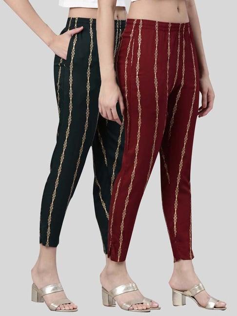 kryptic green maroon mid rise printed pants - pack of 2