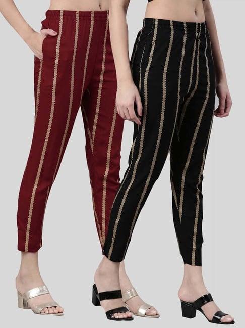 kryptic black & maroon mid rise striped pants - pack of 2