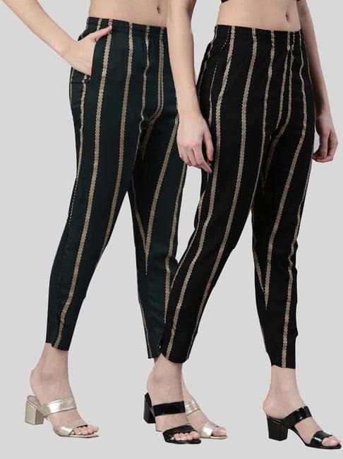 kryptic black & green mid rise striped pants - pack of 2