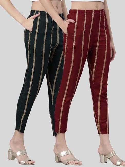 kryptic maroon & green mid rise striped pants - pack of 2