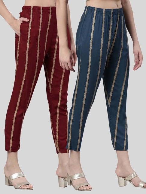 kryptic maroon & blue mid rise striped pants - pack of 2