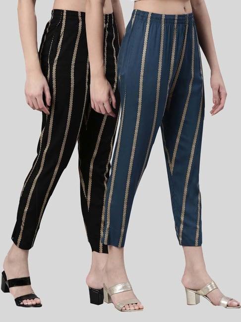 kryptic black & blue mid rise striped pants - pack of 2