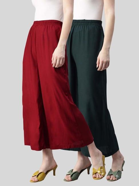 kryptic maroon & green mid rise flared pants - pack of 2