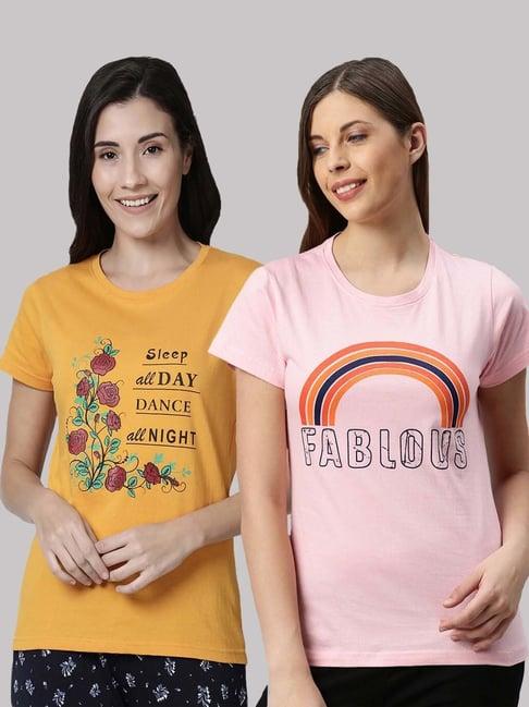 kryptic pink & yellow cotton printed lounge t-shirt - pack of 2