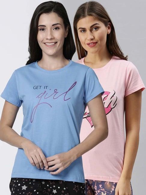 kryptic blue & pink cotton printed lounge t-shirt - pack of 2