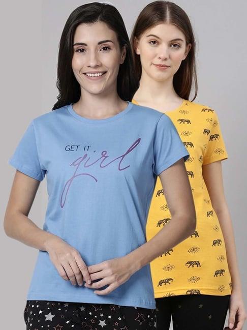 kryptic blue & yellow cotton printed lounge t-shirt - pack of 2