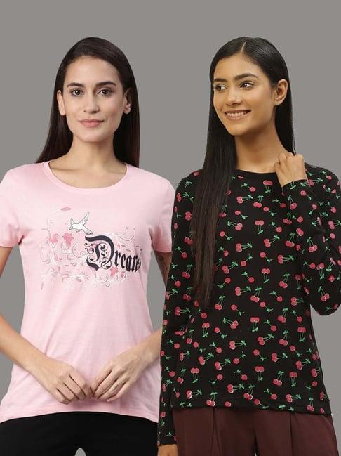 kryptic black & pink cotton printed lounge t-shirt - pack of 2