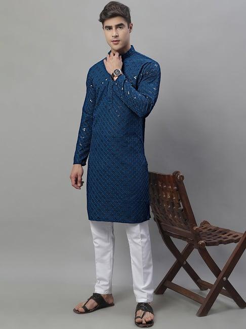 jompers teal blue regular fit embroidered kurta & pyjamas set