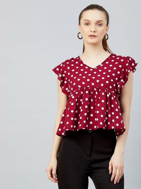 chimpaaanzee maroon & white polka dot peplum top