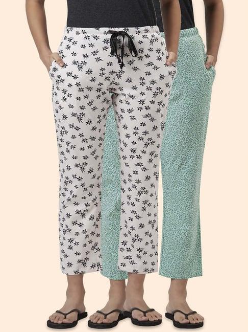 dreamz by pantaloons green & white cotton printed pyjamas - pack of 2