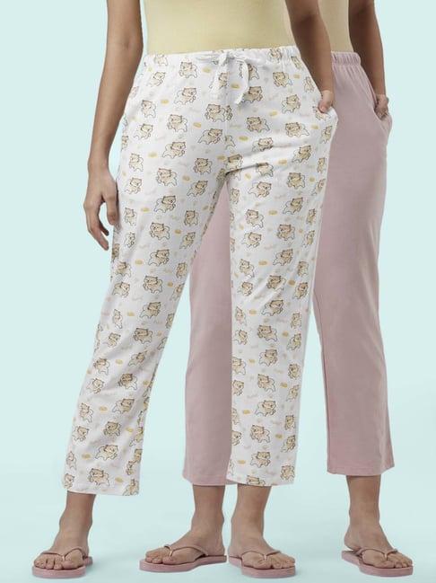 dreamz by pantaloons white & pink cotton printed pyjamas - pack of 2