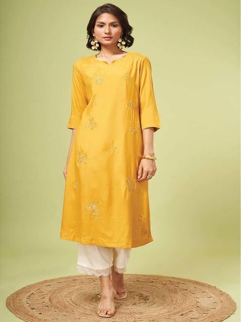 marigold lane mustard embroidered a line kurta