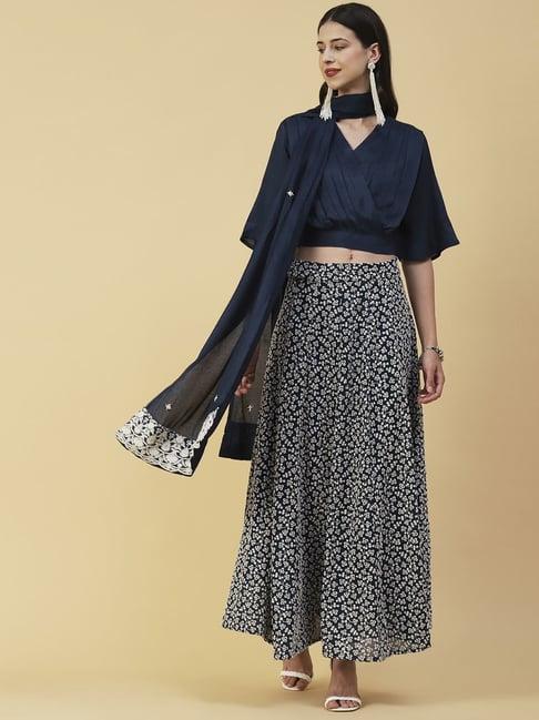 fashor blue straight fit crop top skirt set with dupatta