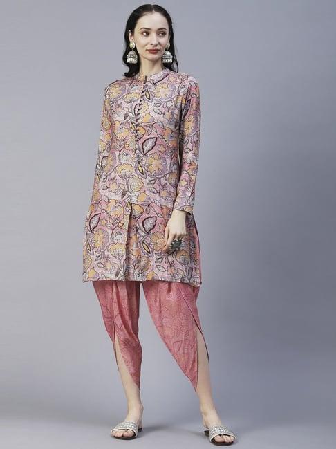 fashor pink printed kurti dhoti pant set