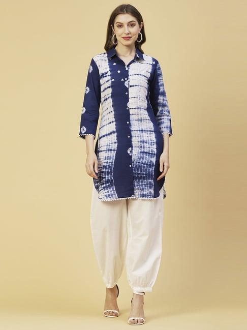 fashor blue & white cotton printed tunic pant set